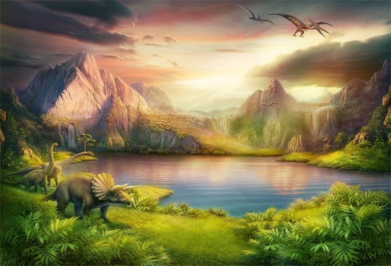 LFEEY Vinyl 10x8ft Dinosaurs Theme Backdrops for Photography Boy Birthday Party Dinosaurs World Mesozoic Forest Mountains Lake Trees Photography Background Kids Baby Shower Portrait Photo Booth Props - Image 1